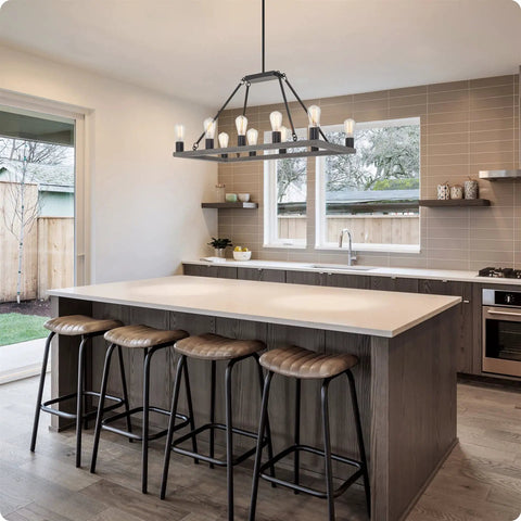 Farmhouse Kitchen Island Light With Ten Lights Rectangular Tapered Open Frame In Gray Oak Finish Rustic Modern Pendant Fixture For Big Kitchen Islands Industrial Style Chandelier That Brings Warm Bright Glow over kitchen island.