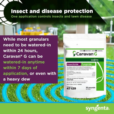 Caravan G Insecticide Fungicide For Lawn And Turf Care Yard Ready Heavy Duty Pest Fighter 30 Pound Bag shown on packaging