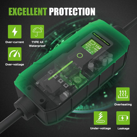 Level 2 Portable EV Charger 16A 240V With NEMA 6-20 Plug showing internal electronics and LCD screen with safety icons