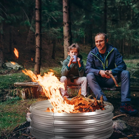 Father and son by Heavy Duty Galvanized Fire Pit Ring For Outdoor Wood Burning 8 Piece Metal Firepit Liner