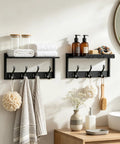 Slick Wall Mount Coat Rack With Bamboo Shelf And Heavy Duty Hooks Perfect For Effortless Entryway Organization holds towels and bath items.
