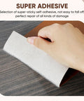 Self-Adhesive Leather Repair Patch Kit With Three 8.3 x 11 Inch Patches For Furniture Car Seats Couches And Office Chairs Black Easy Stick No Fuss Fix To Extend Upholstery Life being applied, showing adhesive backing, close-up view.