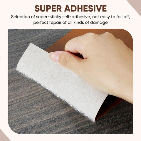 Self-Adhesive Leather Repair Patch Kit With Three 8.3 x 11 Inch Patches For Furniture Car Seats Couches And Office Chairs Black Easy Stick No Fuss Fix To Extend Upholstery Life being applied, showing adhesive backing, close-up view.