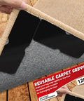 Hand applying 12-pack non slip rug tape for hardwood floors and tile, showing double-sided adhesive keeping corners flat.