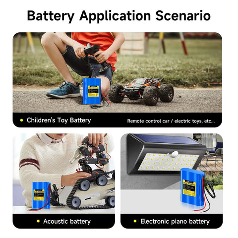 Battery pack used in RC car, remote control, and lighting applications; showcases 12V 3000mAh Rechargeable Lithium Battery Pack With 12.6V Charger 3A Max DC Output Portable Power Kit For RC Cars Boats Robots LED Light Strips CCTV Cameras And DIY Projects.