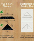 Rug Corner Grippers 12 Pack With Triangle And Trapezoid Designs, diagram showing dimensions and versatility for rugs