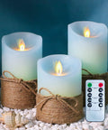 Ocean Blue Flameless LED Pillar Candles Set Of 3 With Remote And Timer, nautical themed flickering candle set on stones