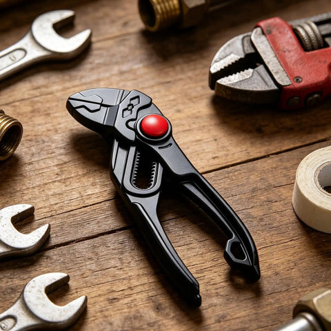 4-Inch Carbon Steel Grooved Adjustable Plumbing Pliers With Quick Jaw Adjustment, Rust-Resistant Electroplated Finish, Your Go-To Tool For Pipe Repairs, Home Fixes, And Auto Maintenance on wooden workbench