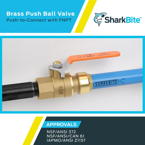 Three Quarter Inch Ball Valve With FNPT Connector Push To Connect Brass Plumbing Fitting attached to pipes