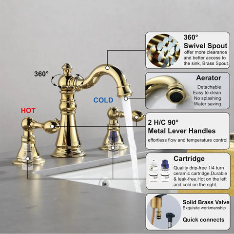 8 Inch Widespread Polished Brass Bathroom Faucet With Two Handles And Brass Pop Up Drain For 3 Hole Sink Lead Free CUPC NSF Certified