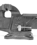 4 Inch Bench Vise With Cast Iron Body And Swivel Base Heavy Duty 36000 PSI Clamp 4 Inch Jaws Opening Up To Five And One Eighth Inches 130 Degree Swivel 2440 Lb Clamping Force Built In Anvil Three And Three Eighths By Three Inches Workhorse side view with jaws open