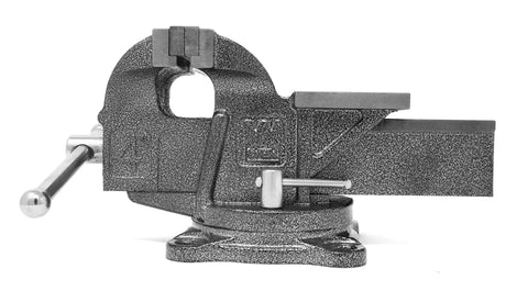 4 Inch Bench Vise With Cast Iron Body And Swivel Base Heavy Duty 36000 PSI Clamp 4 Inch Jaws Opening Up To Five And One Eighth Inches 130 Degree Swivel 2440 Lb Clamping Force Built In Anvil Three And Three Eighths By Three Inches Workhorse side view with jaws open