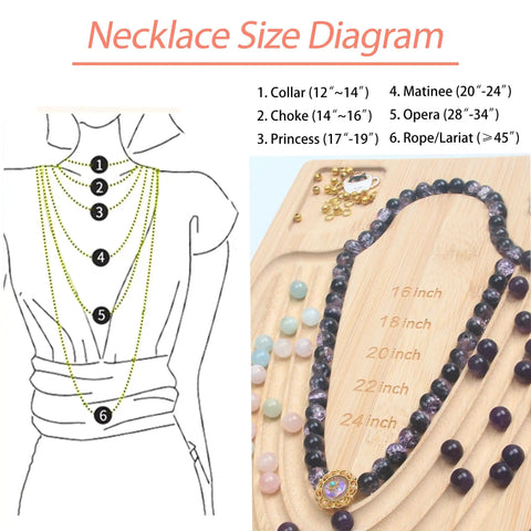 Necklace size diagram with beads on bamboo beading board for jewelry making, showing various groove measurements from 16 to 24 inches.