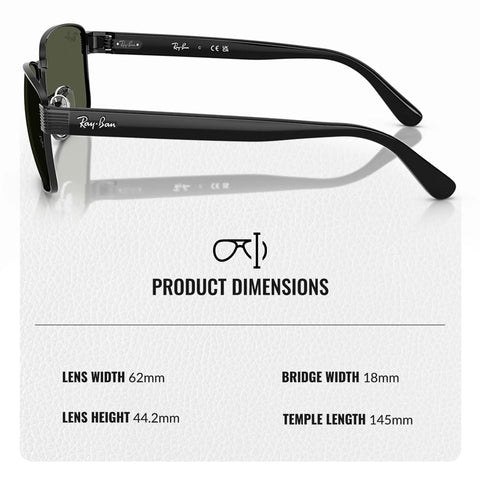 Side view of unisex square frame non polarized sunglasses with G 15 green lens includes official eyewear kit perfect for formal or casual wear modern edge for everyday style; dimensions shown.