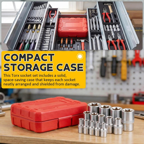 14 Piece E-Torx Socket Set With 1/4 3/8 1/2 Inch Drives External Torx Star Sockets E4-E24 Ultimate Torque Kit With Durable Storage Case