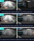 Solar Outdoor Lights 3 Head Motion Sensor Flood Light With Remote Control showing 3 modes of operation in outdoor setting