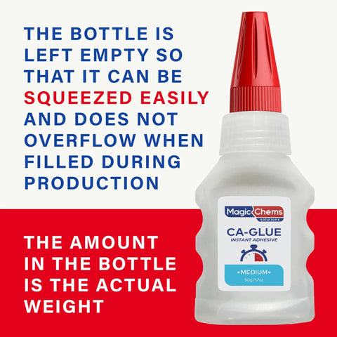 Beast Mode Power Bond Cyanoacrylate Glue bottle with empty space for easy squeezing, labeled CA-Glue Instant Adhesive 50g.