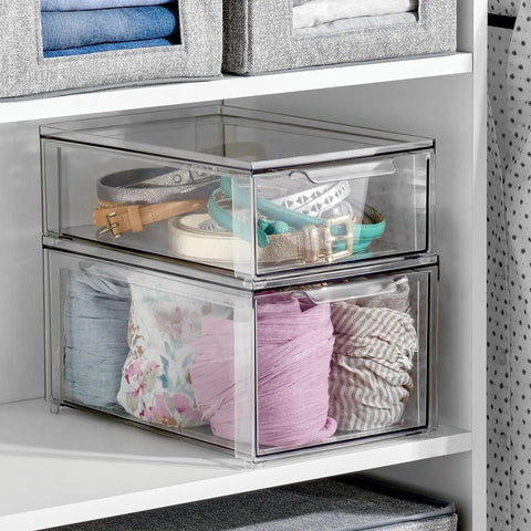 Stackable Closet Organizer Bin With Pull Out Drawer For Shoes Clothes Bags And More In Clear Plastic Lumiere Collection 2 Pack
