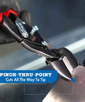 Left Cut Offset Aviation Snips Pro Grade For Straight And Tight Left Cuts cutting metal sheet, close-up on stainless steel blades