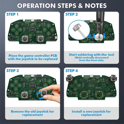 Multi Pin Controller Soldering Iron Tip Kit With TS100 And 936 Adapters, Chrome Plated Copper Tips For Fast Heat Transfer And Precision Alignment, Gamer Grade Desoldering For PS5 PS4 Xbox Series X And S Xbox One And Switch Controllers, joystick PCB steps