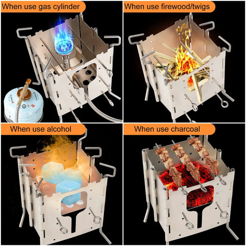 All Fuel Stainless Steel Camping Stove For Solo Campers Folding Backpacking Stove with different fuel options shown