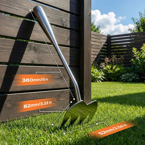 Heavy Duty Weed Puller With Extendable Handle For Deep Root Removal In The Garden Stainless Steel Weeding Tool Leaning on Fence