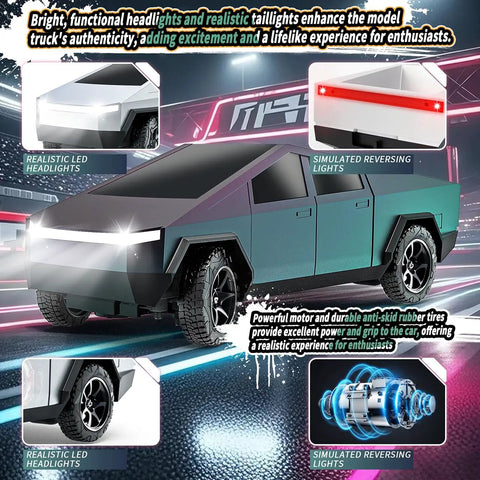Rad All Terrain RC Pickup Truck With LED Lights And Load Space, Blazing Fast Electric Remote Control Car Toy For Kids And Adults, showcasing color change green purple and detailed lights.