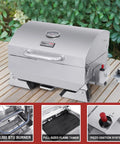 Stainless Steel Portable Tabletop Gas Grill With 10000 BTU Power, 285 Square Inches Of Cooking Space, Folding Legs, Lockable Lid, Ideal For Camping, Tailgating, Deck Or Patio, Silver on a wooden table