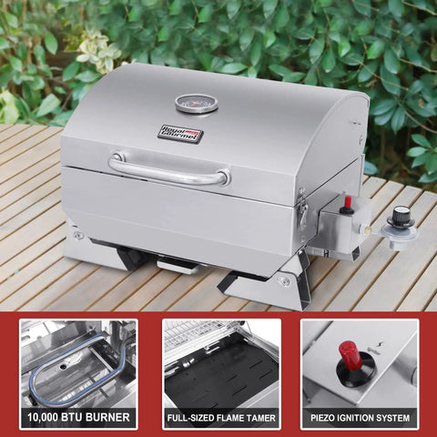 Stainless Steel Portable Tabletop Gas Grill With 10000 BTU Power, 285 Square Inches Of Cooking Space, Folding Legs, Lockable Lid, Ideal For Camping, Tailgating, Deck Or Patio, Silver on a wooden table
