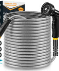 Stainless Steel Garden Hose 50 Ft Heavy Duty With 10 Function Nozzle No Kink Metal Water Hose coiled with packaging visible
