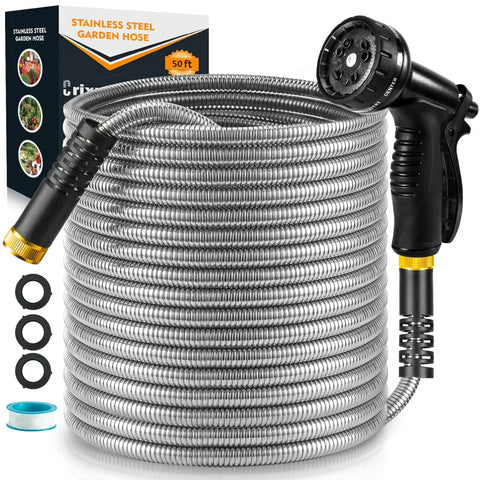 Stainless Steel Garden Hose 50 Ft Heavy Duty With 10 Function Nozzle No Kink Metal Water Hose coiled with packaging visible