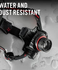 Rechargeable 2000 Lumen Headlamp with Pure Beam Focusing LED, shown water and dust resistant, ideal for night runs and camping