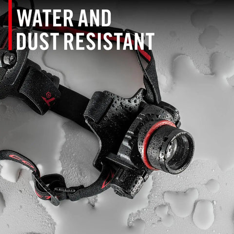 Rechargeable 2000 Lumen Headlamp with Pure Beam Focusing LED, shown water and dust resistant, ideal for night runs and camping
