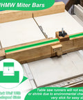 Crosscut Sled Kit for Table Saw with two aluminum 12 inch T track and two UHMW 17 inch miter bars on table saw showing green accents