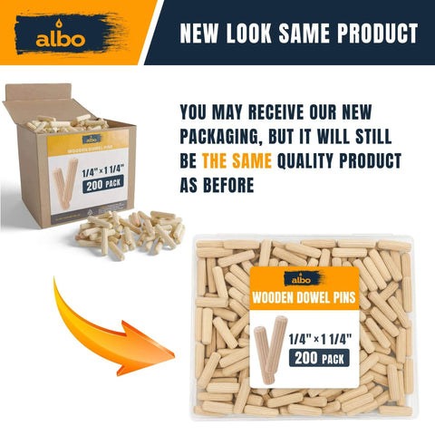 Box and bag of 1/4 X 1-1/4 Inch Fluted Wood Dowel Pins, Birch Hardwood Dowels, 200 Pack for woodworking projects and repairs.