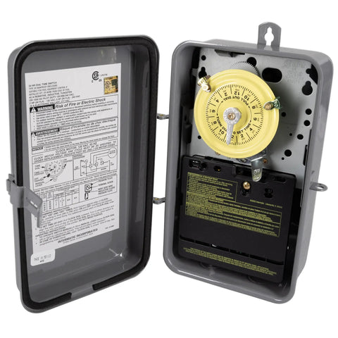Heavy Duty 24 Hour Mechanical Timer Switch 120V SPST Type 3R Indoor Outdoor Metal Enclosure 40 Amp With Manual Override For Lights Pumps Fans And HVAC Systems