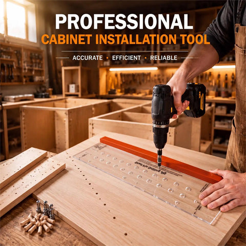 Hefty Duty Shelf Pin Jig Kit 18 9 Inch Acrylic Drill Guide on workbench with drill, for precise cabinet installation.