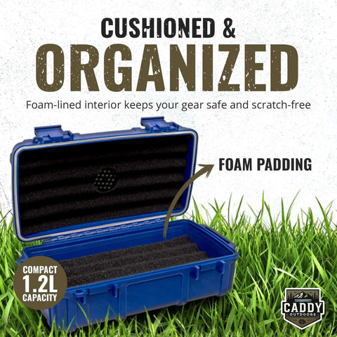 Tough As Nails Outdoor Case With Airtight Gasket Seal And Heavy Duty Latches To Block Rain Mud And Dust Secure Travel Friendly Hard Shell open to show foam padding and 1.2L capacity.