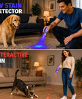 Person using Ultra Flat EDC Rechargeable Tactical Flashlight With UV Magnetic Small Work Light to detect stains with a dog and play with a cat.