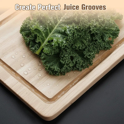 Buttery Smooth Adjustable Router Jig For Cutting Board Handles Corner Guide on wooden cutting board with kale and juice grooves.