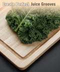 Adjustable Juice Groove Router Jig For Up To 18X18 Inch Cutting Boards with kale on a wooden cutting board.