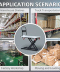Electric scissor lift table cart with flatbed and push handle; 47 in lift height, 660 lb capacity (front view)