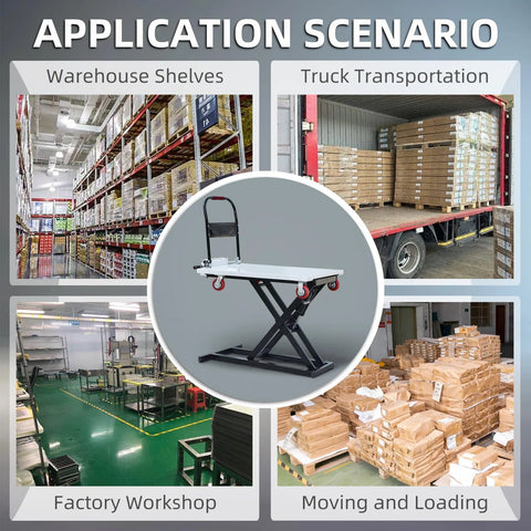 Electric scissor lift table cart with flatbed and push handle; 47 in lift height, 660 lb capacity (front view)