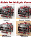 4 Tier Power Tool Organizer Wall Mount With 8 Drill Slots And Side Pegboards shown installed on different wall types, holding tools
