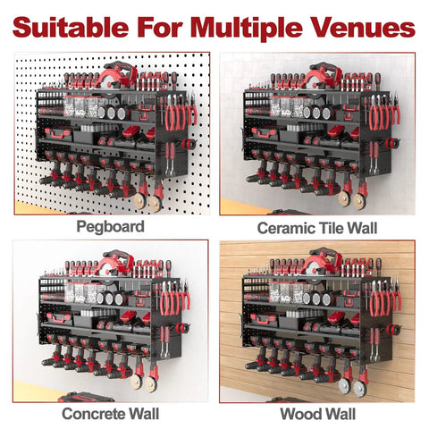 4 Tier Power Tool Organizer Wall Mount With 8 Drill Slots And Side Pegboards shown installed on different wall types, holding tools