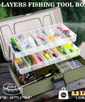 Three Layer Tackle Box With 475 Piece Lure Kit Included Crankbaits Weights Hooks And Accessories on wooden surface