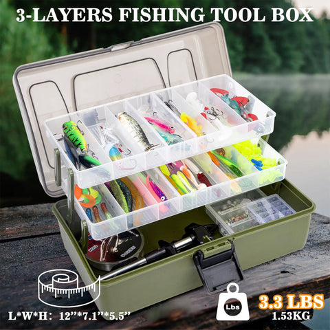 Three Layer Tackle Box With 475 Piece Lure Kit Included Crankbaits Weights Hooks And Accessories on wooden surface