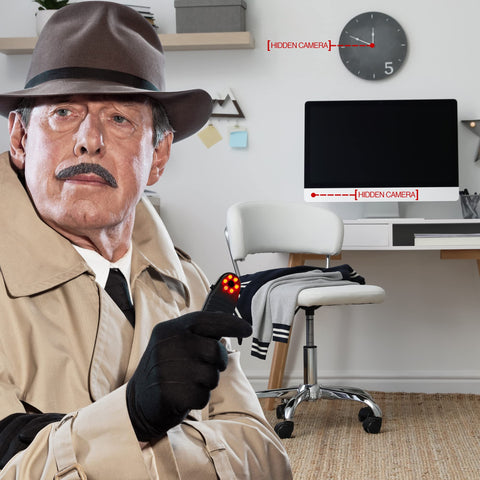 Person using Hidden Camera Detector And Spy Camera Finder For Hotels And Travel, locating cameras in office setting.