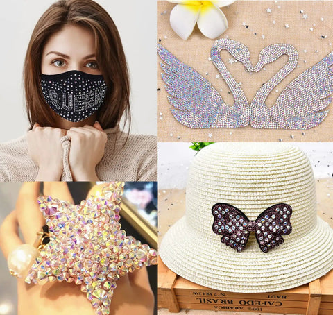 Crystal AB Flatback Hotfix Rhinestones Set 6500 Pieces in 6 Sizes SS6 SS10 SS12 SS16 SS20 SS30 Includes Tweezers and Picking Pen on fashion accessories like mask, hat, and star decoration.