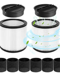 2 Pack Replacement Vacuum Filter Kit For 90304 90350 90333 90585 Wet Dry Vac Cartridges With Lids And Filter Foam Sleeve Fits Most 5 Gallon And Up Vacuum Cleaners For Home Garage Workshop, includes lids, filters, foam sleeves, and brush.